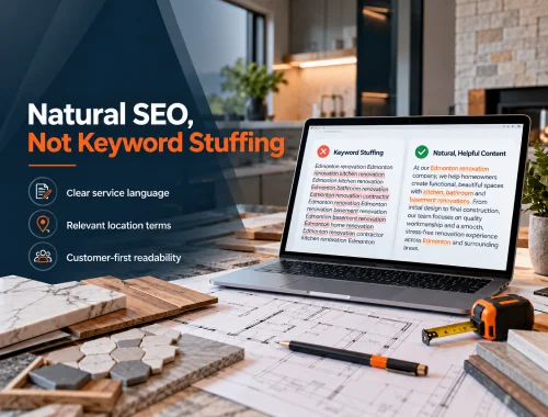 Laptop comparing Keyword Stuffing with helpful renovation website copy beside plans, material samples, and renovation tools.