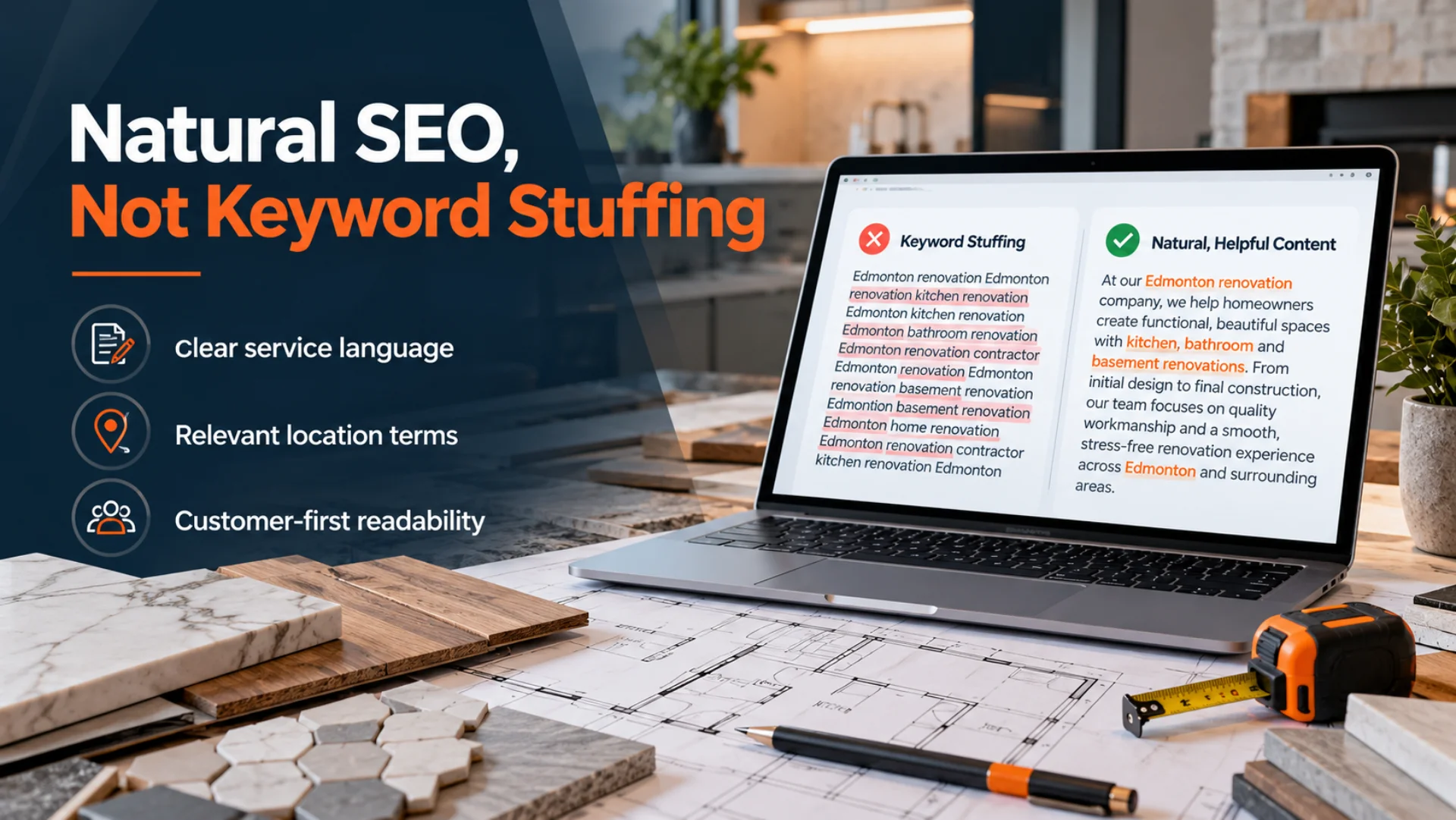Renovation planning workspace illustrating Keyword Stuffing versus natural SEO content, with service language, location terms, and customer-first readability.